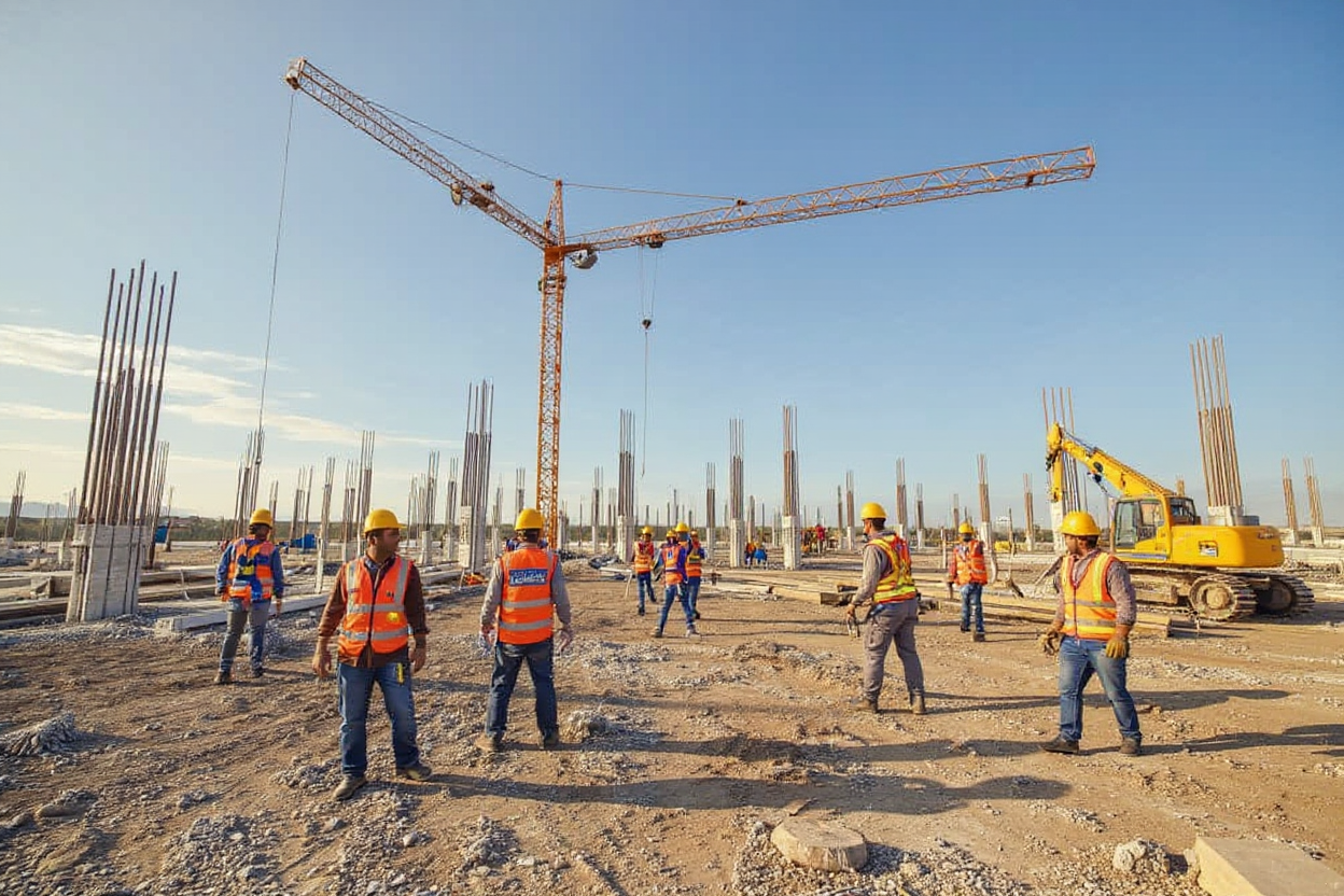 Șantier de construcții cu muncitori și utilaje